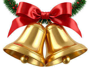 3D Render of Golden Christmas Bells with Ribbon and Garland Accent, PNG Transparent.
