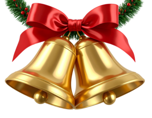 3D Render of Golden Christmas Bells with Ribbon and Garland Accent, PNG Transparent.