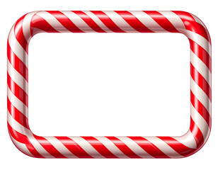 A bright, rectangular candy cane frame with realistic red and white stripes, emphasizing a festive holiday style, isolated on a transparent PNG background.