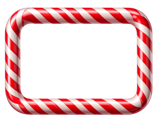 A bright, rectangular candy cane frame with realistic red and white stripes, emphasizing a festive holiday style, isolated on a transparent PNG background.