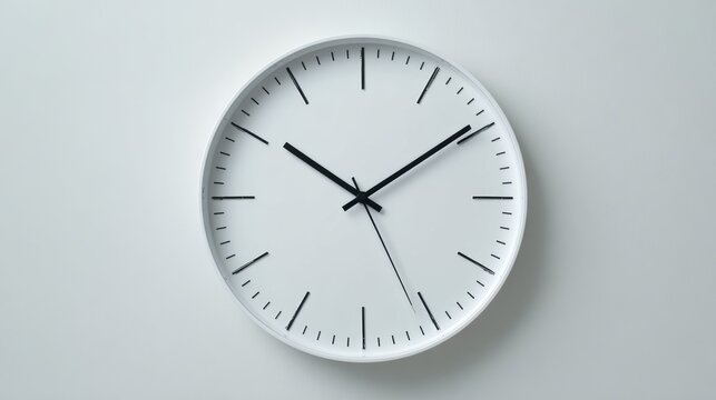 A modern clock face is depicted in a close-up, revealing its simplicity and the constant passage of time, with sharp black hands contrasting against a white backdrop to display