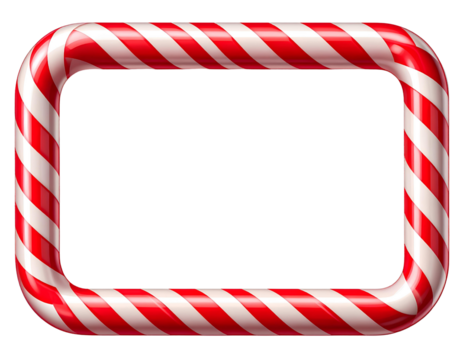 A bright, rectangular candy cane frame with realistic red and white stripes, emphasizing a festive holiday style, isolated on a transparent PNG background.