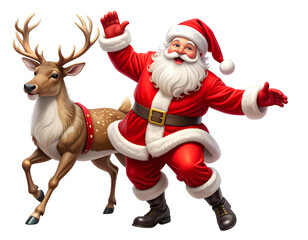 A cheerful Santa Claus mid-dance with a lively reindeer by his side, festive attire and red suit details visible, isolated cleanly on a transparent PNG background with no shadows.