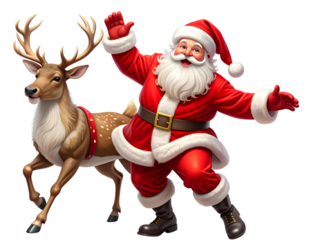 A cheerful Santa Claus mid-dance with a lively reindeer by his side, festive attire and red suit details visible, isolated cleanly on a transparent PNG background with no shadows.