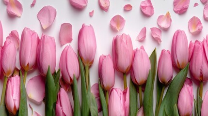 Pink tulips set against a white background and arranged with artistic flair are suitable for use in wedding or celebration themes