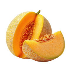 Ripe cantaloupe melon cut open showing bright orange flesh and seeds with a slice