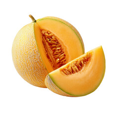 Cantaloupe melon half cut open showing bright orange flesh and seeds with a single slice beside it