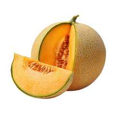 Ripe cantaloupe melon cut open revealing bright orange flesh and seeds with a separate slice
