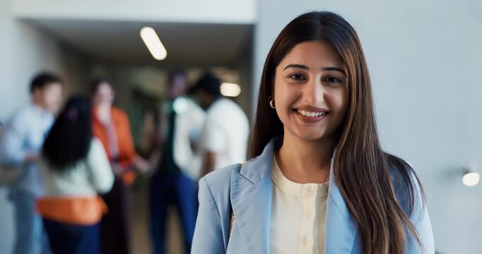 Happy woman, face and internship program with manager for creative junior team in workplace. Portrait, female person or supervisor with smile for job, career development or company growth in office