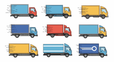 Truck Fleet Vector Delivery Vehicles in Blue, Yellow and Red