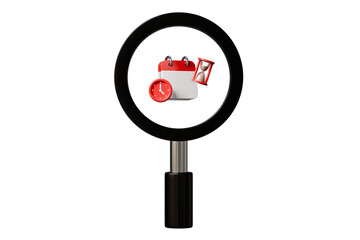 3d magnifying glass with calendar and clock icon. time tracking concept. Minimal cartoon search schedule planner for time management app. isolated on white background. 3d render.
