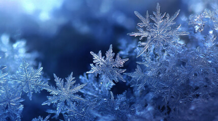 crystalline snowflakes against a blue and icy background. Detailed natural pattern, representing winter, cold, holidays, Christmas, and delicate nature. Perfect for seasonal backgrounds and textures.