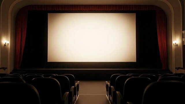 Cozy movie theater interior with red velvet curtains opening and closing over a blank screen for a cinematic presentation
