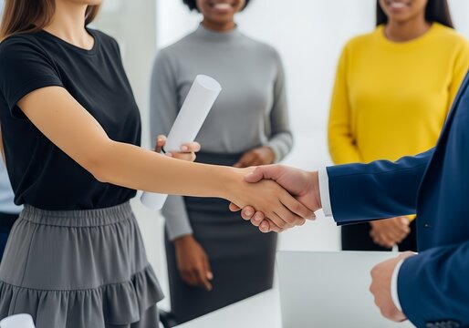 Business handshake between woman and man in office setting — professional agreement, job interview, or corporate deal concept