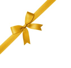 Golden ribbon with a shiny decorative bow on a white background.