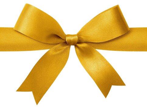 Golden ribbon with a shiny decorative bow on a white background.