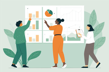 Diverse team collaborating, analyzing financial report charts pinned on a modern office wall.