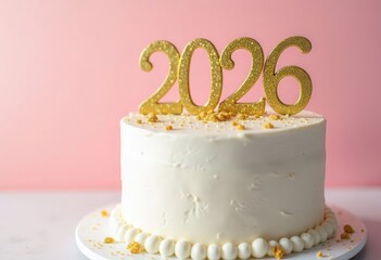 Elegant white festive cake decorated with golden sprinkles and a glittering 2026 topper on a pink background, creating a New Year concept, for holiday ads, menus, party promotions, festive branding. 