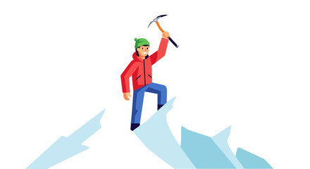 Obraz premium Triumphant Climber Holding Ice Axe At Summit Conquering Mountain Peak Vector Illustration