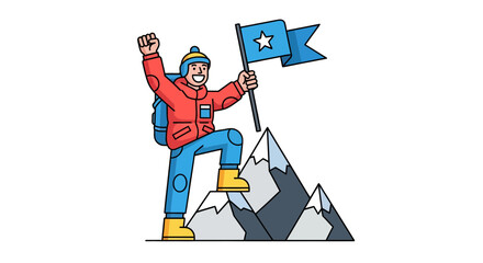 Triumphant Person Reaching Mountain Peak, Holding Flag Achieving Greatness And Success
