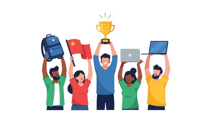 Triumphant Team Celebrating Success With Trophy and Various Symbols Against Black Backdrop