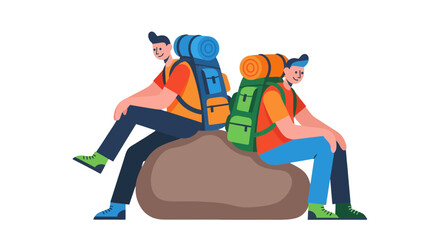 Two Relaxed Hikers Resting After A Hike Sitting On A Rock, Illustration