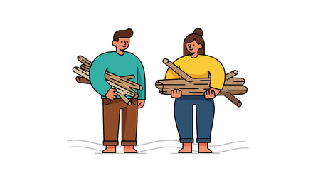 Two People, Carrying Firewood Amidst Pure Darkness, Ready For Something, Full Of Energy