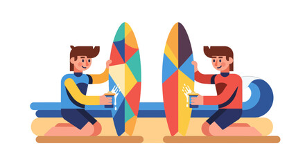 Two Surfers Prepare Their Colorful Surfboards, Ready For Ocean Waves And Great Fun