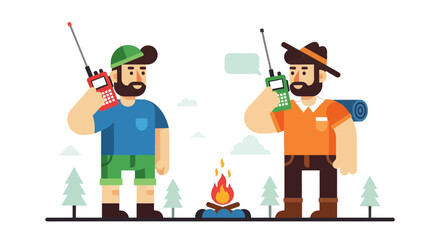 Two Campers Communicating Via Walkie-Talkies Near a Campfire, Illustrated Design