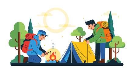 Two Campers Preparing Tent and Campfire Under the Moonlight on Adventure