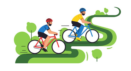 Two Cyclists Enjoying Bike Ride in a Minimalist Vector With Trees