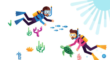 Underwater Adventure With Adventurous Divers, Sea Creatures, And Oceanic Wonders