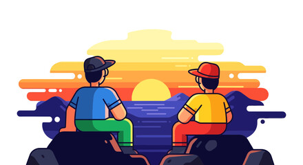 Two Figures Admiring A Romantic Sunset Over A Serene Ocean Landscape Illustration