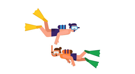 Two Divers Leisure In Deep Water With Fins and Underwater Exploration