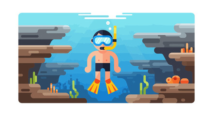 Underwater Cartoon Diver: A Flat Illustration Of Sea Life And Snorkelling Activity
