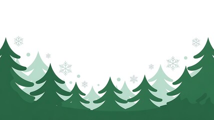 Winter forest border with stylized green pine trees and falling snowflakes on a clear background, illustration