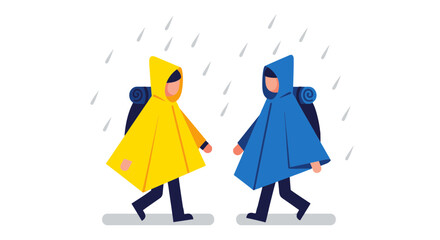 Two Figures Hiking While Under Rain, Wearing Raincoats, In The Black Night