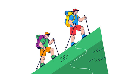 Two Figures Hiking Upward on a Green Slope with Backpacks and Hiking Poles