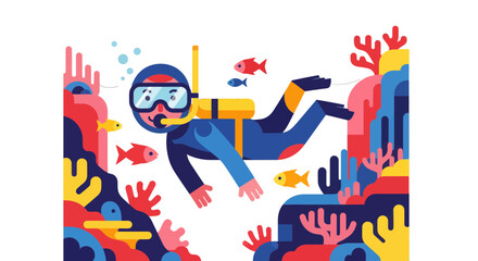 Underwater Exploration: A Colorful Illustration of a Scuba Diver and Marine Life