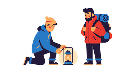 Two Figures Prepare A Lantern During An Outdoor Adventure, With Camping Gear