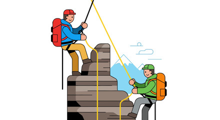 Two Figures Scaling a Cliff Face with Mountains in the Background Illustrated