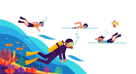 Underwater Exploration: Divers, Swimmers, and Colorful Marine Life in a Tropical Ocean Scene