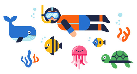 Underwater Exploration With A Scuba Diver And Marine Life Creatures, Fun And Colorful