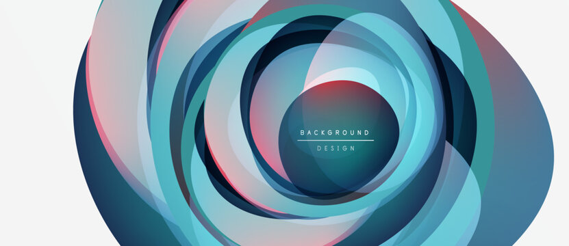 Abstract circular layers create dynamic visual effect. Blue, teal, pink hues blend, forming modern background design. Minimalist text present.