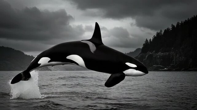 A powerful orca leaps from turbulent ocean waters beneath a dramatic cloudy sky, capturing dynamic wildlife and marine ocean exploration scenes.