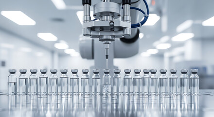 Automated pharmaceutical production line filling vaccine vials with precision robotic arm, reflecting innovation and modern healthcare manufacturing processes