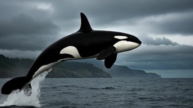 Dynamic footage of an orca whale leaping from the stormy sea set against rugged cliffs and ominous clouds, capturing marine wildlife in action.