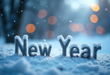 Icy New Year text made of snow and frost stands against a cold winter landscape with snowy trees and soft bokeh lights with copy space, holiday marketing, greeting cards, promotions, branding, poster