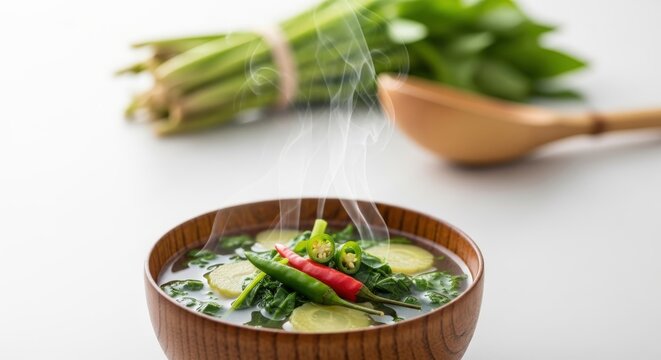 Clear Bhutanese Jaju Vegetable Soup with Greens & Chilies in Wooden Dapa &ndash; Greens Bundle & Bamboo Ladle