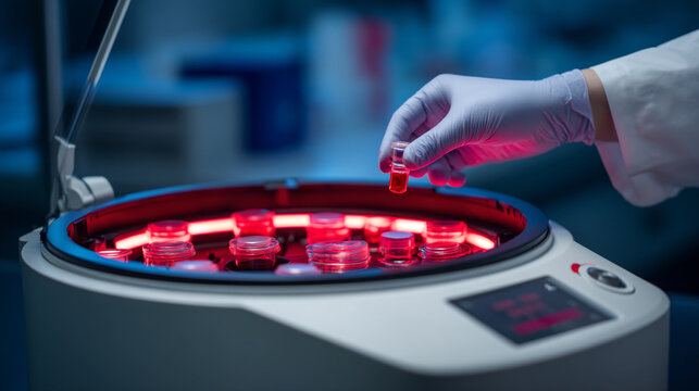 Scientist placing a vial of red liquid into a laboratory centrifuge with red lighting